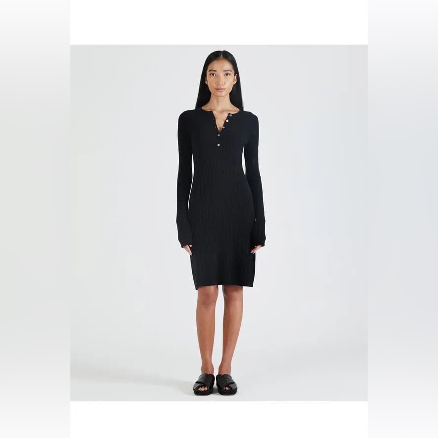 Atm Anthony Thomas Melillo Black Cashmere Blend Wide Rib Henley Sweater Dress